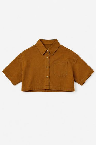 Mustard denim shacket front view — Clutch Denim