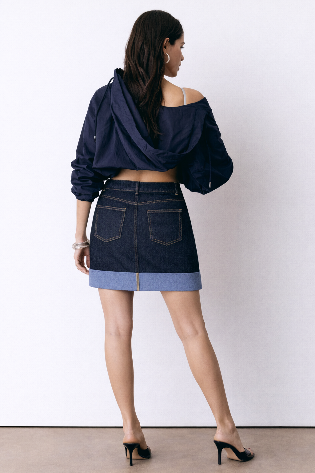 Raw wash midi skirt detail — Clutch Denim