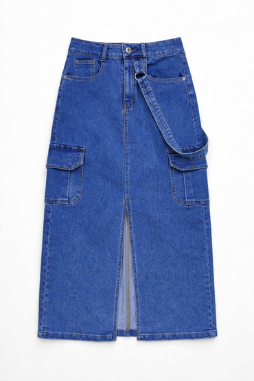 Cargo pocket belted denim skirt front view — Clutch Denim