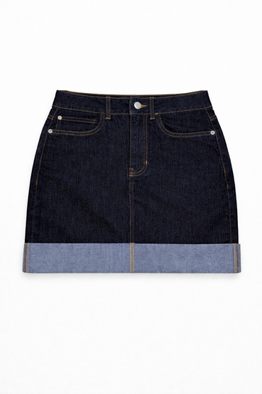 Dark wash midi skirt front view — Clutch Denim