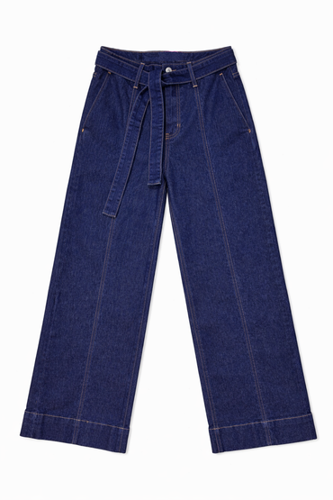 High-waist wide-leg tie-up jeans flat lay — Clutch Denim