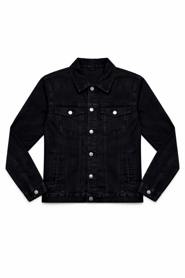Black biker denim jacket flat lay — Clutch Denim