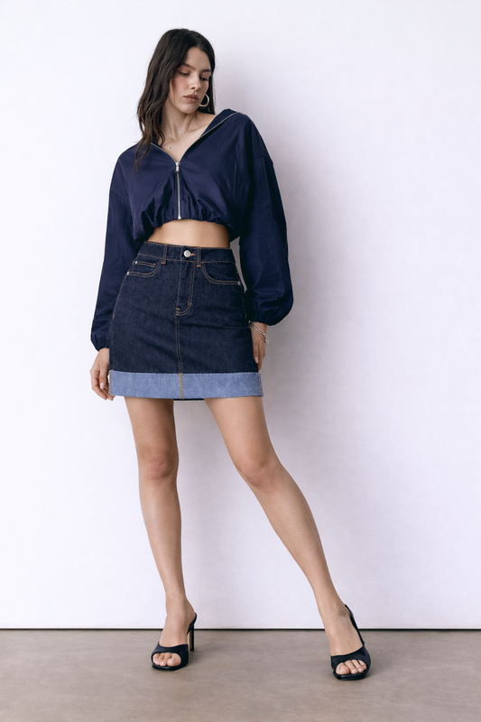 Women's denim midi skirt with turn-up hem in dark wash — Clutch Denim SA