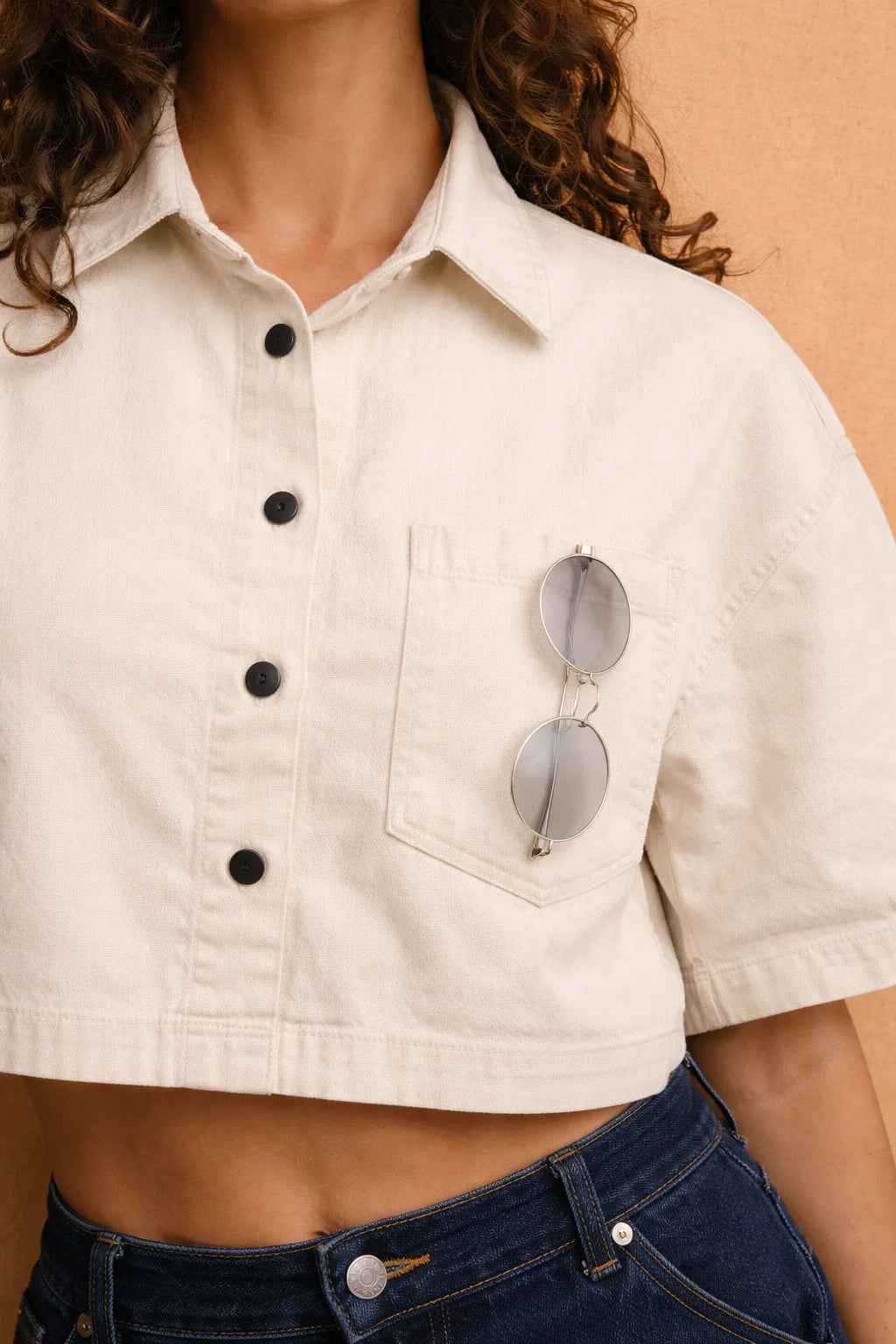 Ecru denim shacket close-up detail — Clutch Denim