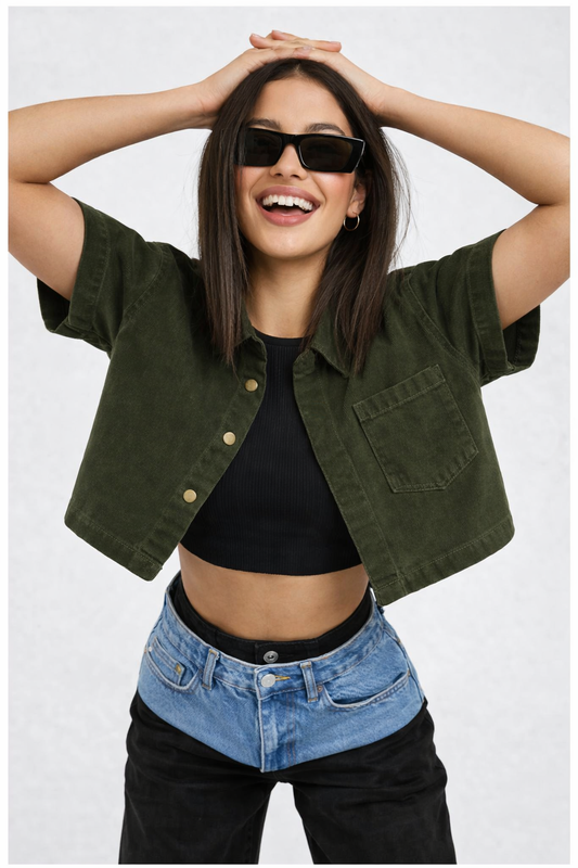 Women's cropped denim shacket in olive washed denim — Clutch Denim SA