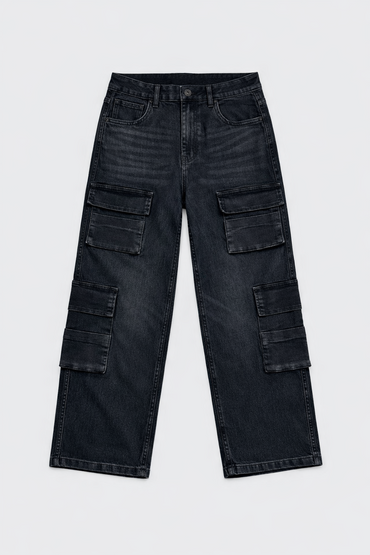 Black acid wash cargo pocket jeans flat lay — Clutch Denim