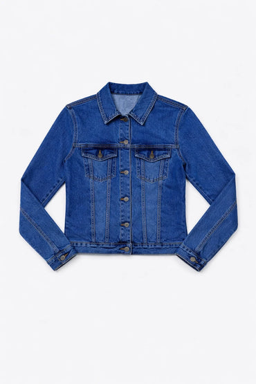 Mid-wash blue denim biker jacket front view — Clutch Denim
