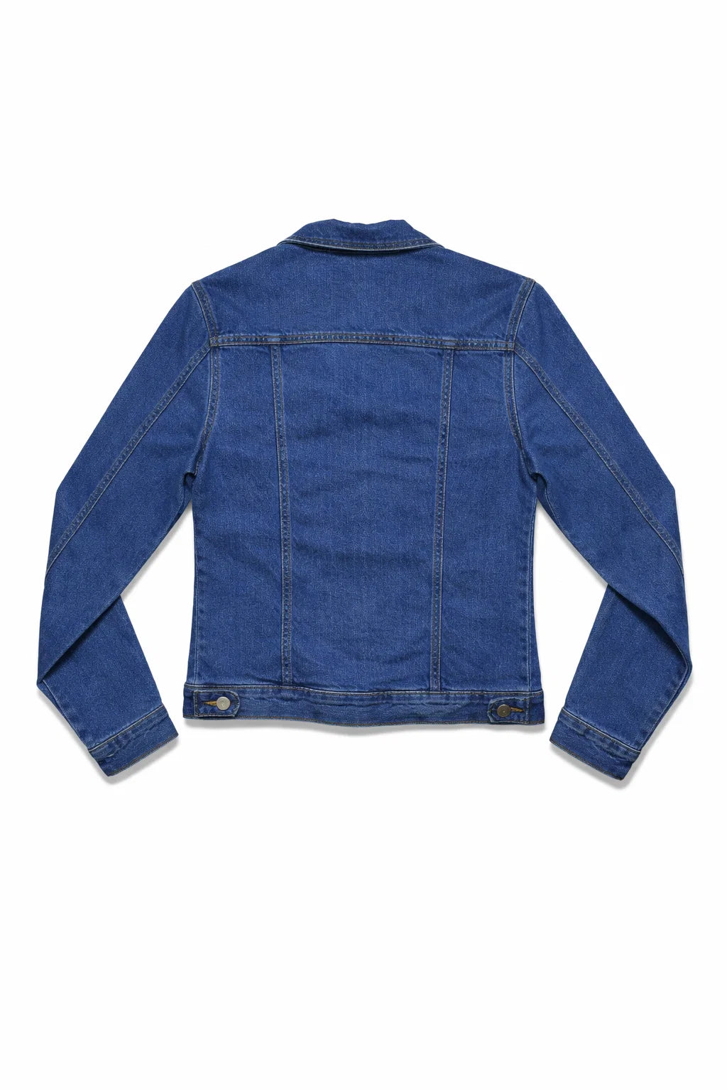 Women's blue denim jacket side view — Clutch Denim