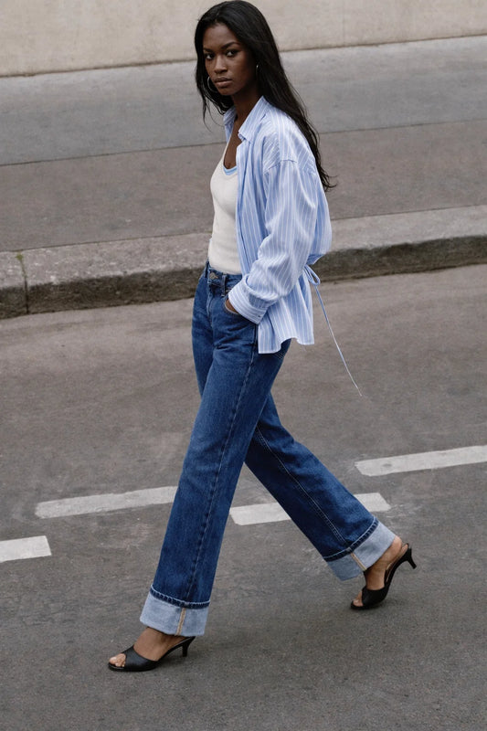 Women's high-rise wide-leg turn-up jeans in dark wash — Clutch Denim SA
