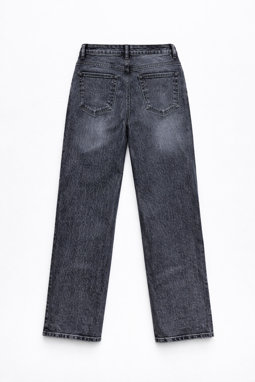Wide-leg black acid wash jeans flat lay — Clutch Denim