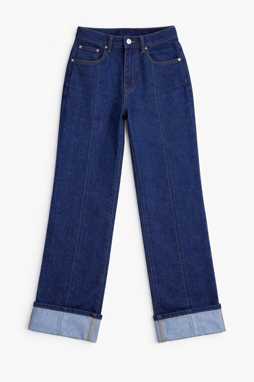 Dark wash pintuck wide-leg jeans front view — Clutch Denim