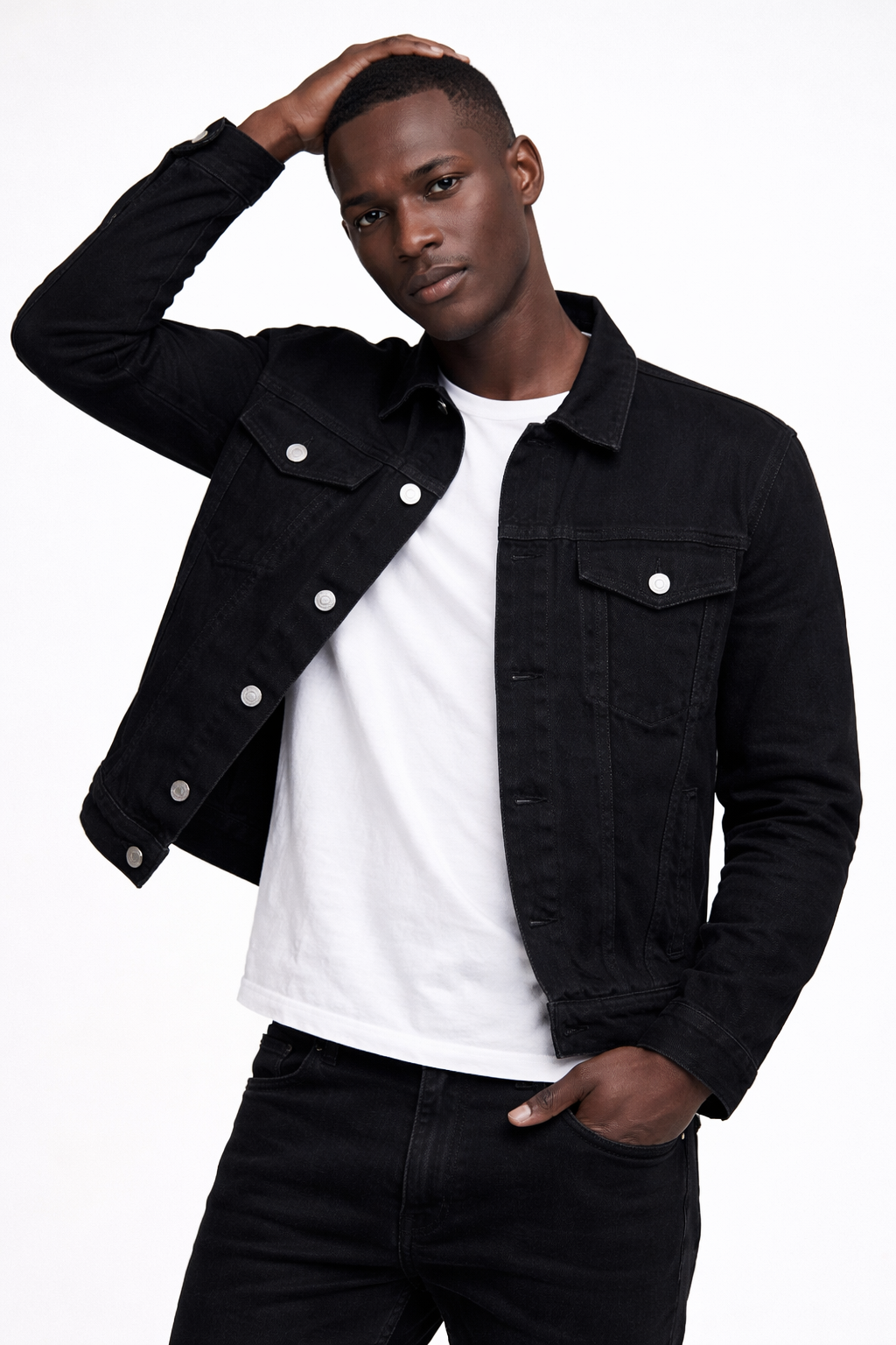 Men's classic biker denim jacket in obsidian black — Clutch Denim SA