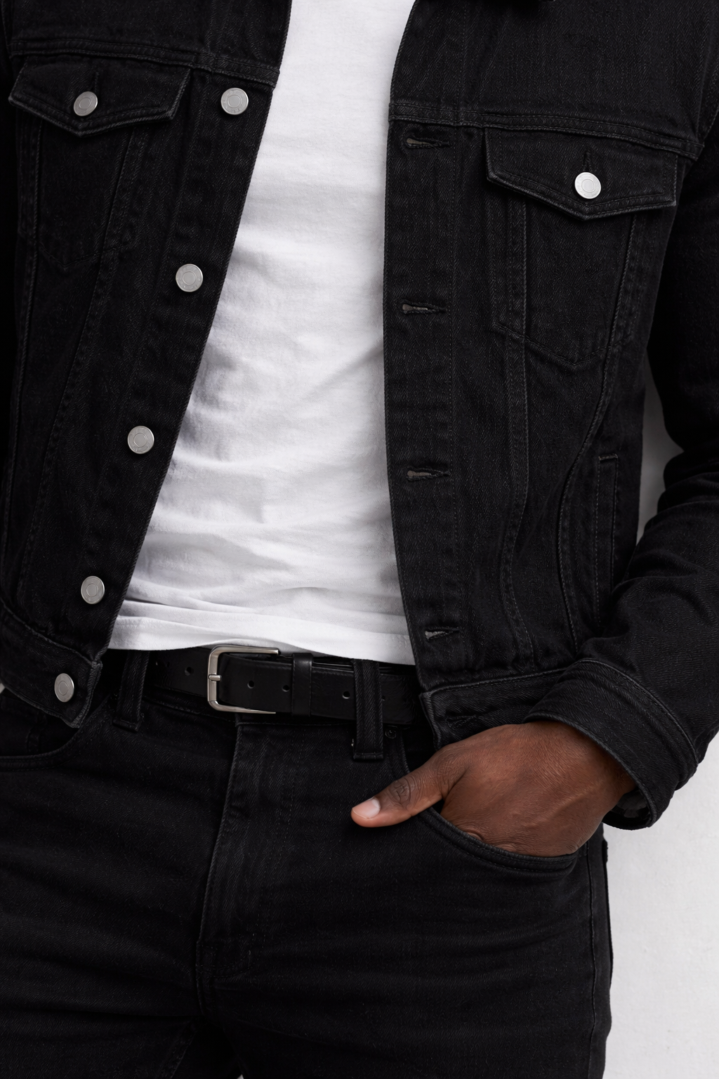 Obsidian black biker jacket detail — Clutch Denim
