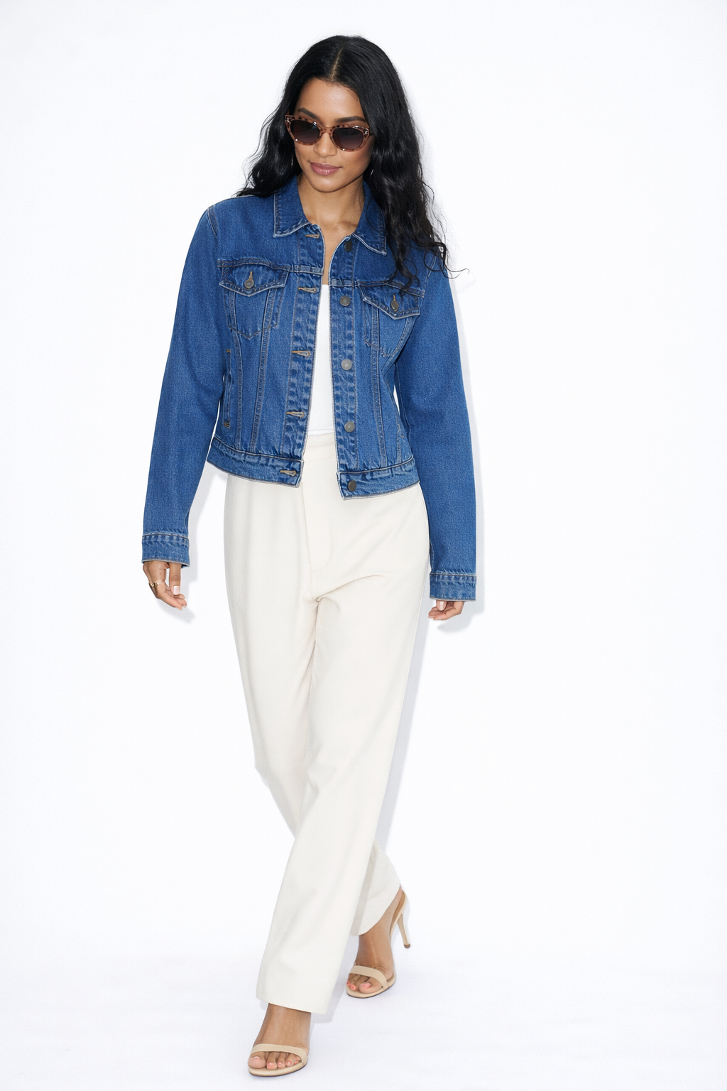 Women's biker jacket in mid-wash blue denim — Clutch Denim SA