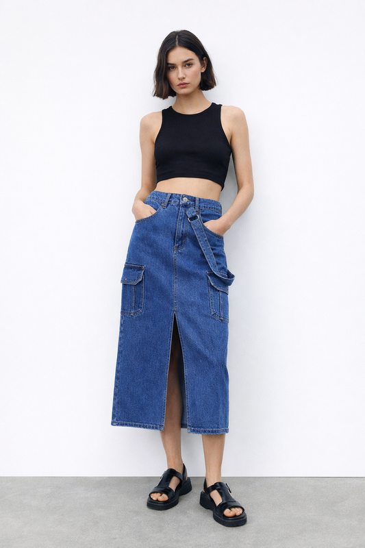 Women's utility cargo denim midi skirt in mid-blue wash — Clutch Denim SA
