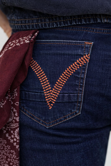 Contra stitch embroidery jean dark wash back pocket detail — Clutch Denim