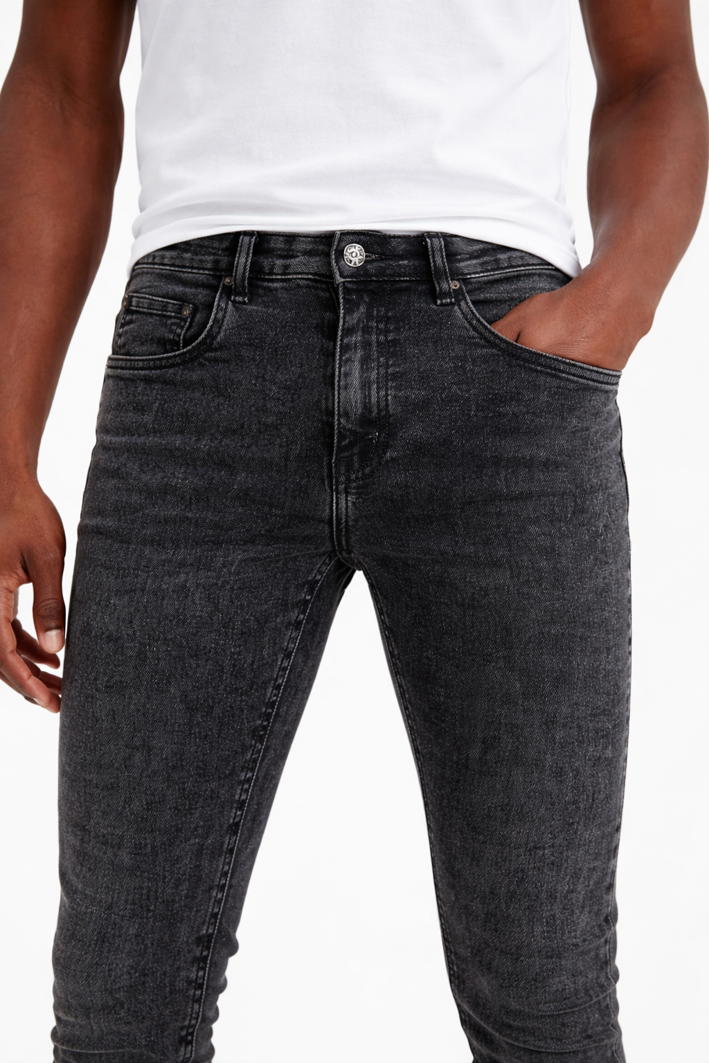Black acid wash stretch jeans detail — Clutch Denim