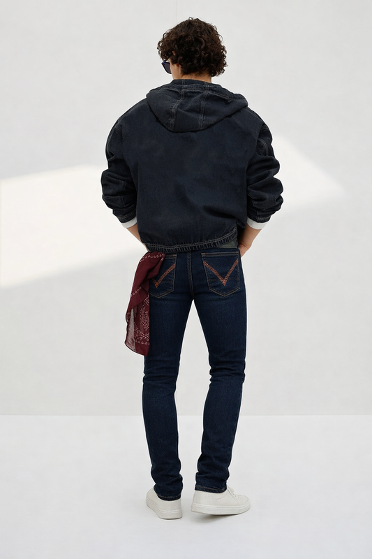 Men's dark blue skinny jeans with red contra stitch embroidery — Clutch Denim SA