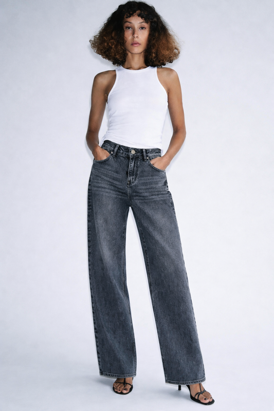 Women's high-waist wide-leg jeans in black acid wash — Clutch Denim SA
