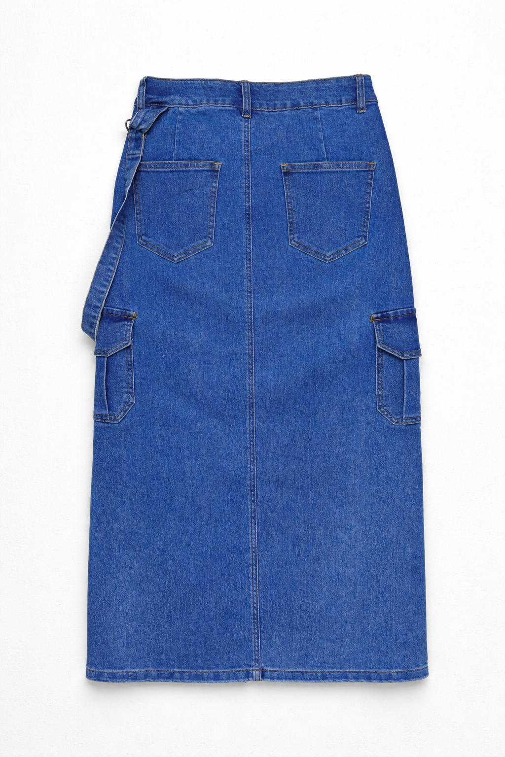 Mid-blue denim midi skirt with cargo pockets — Clutch Denim