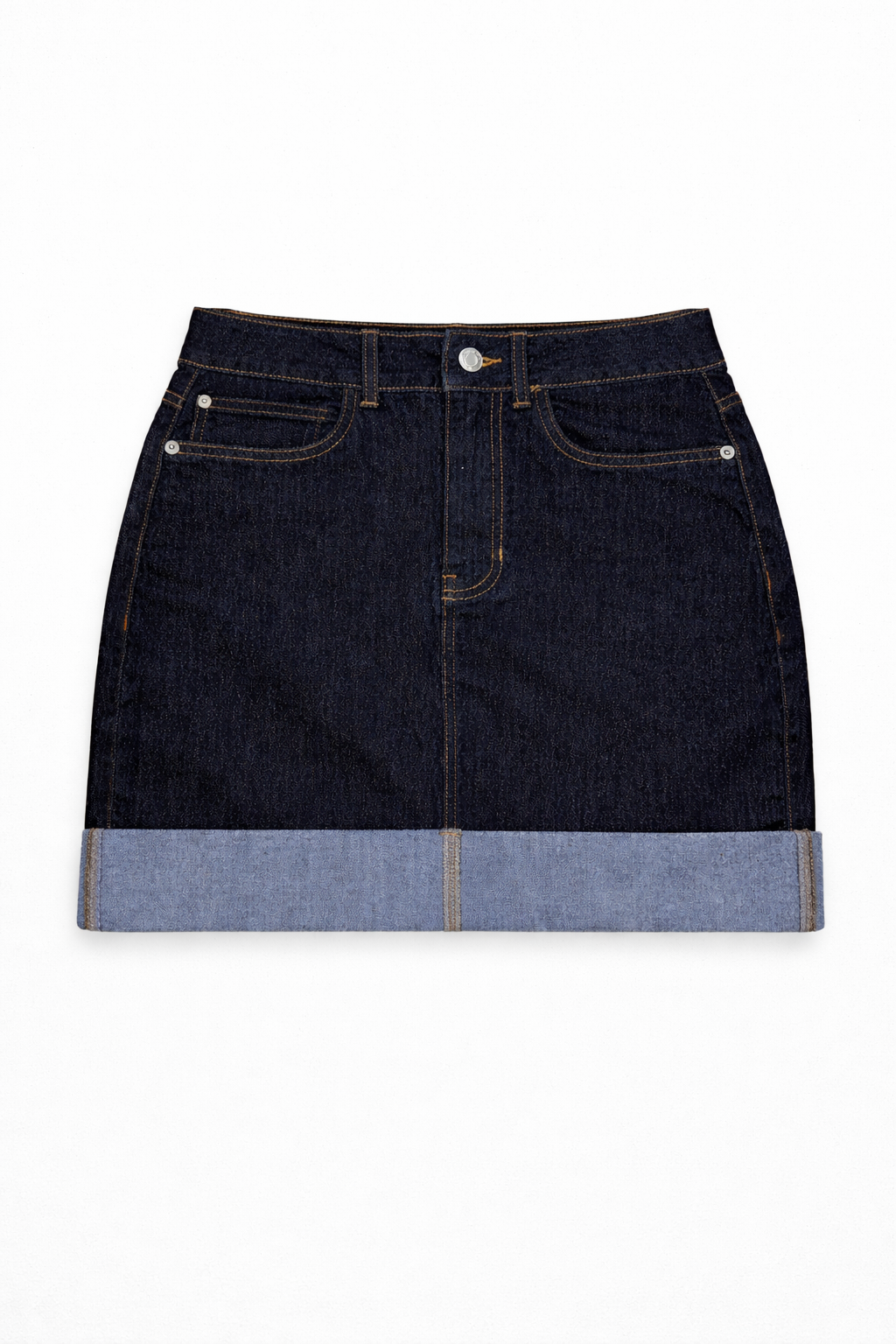 Dark wash midi skirt front view — Clutch Denim
