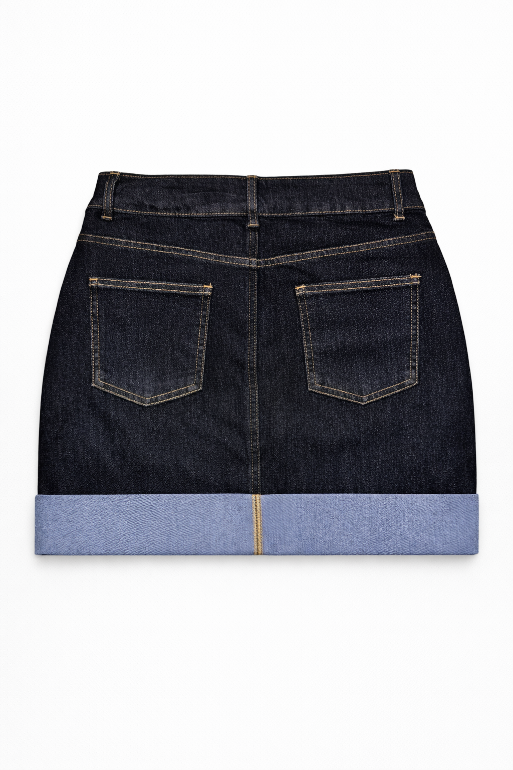 Turn-up hem denim skirt styled — Clutch Denim