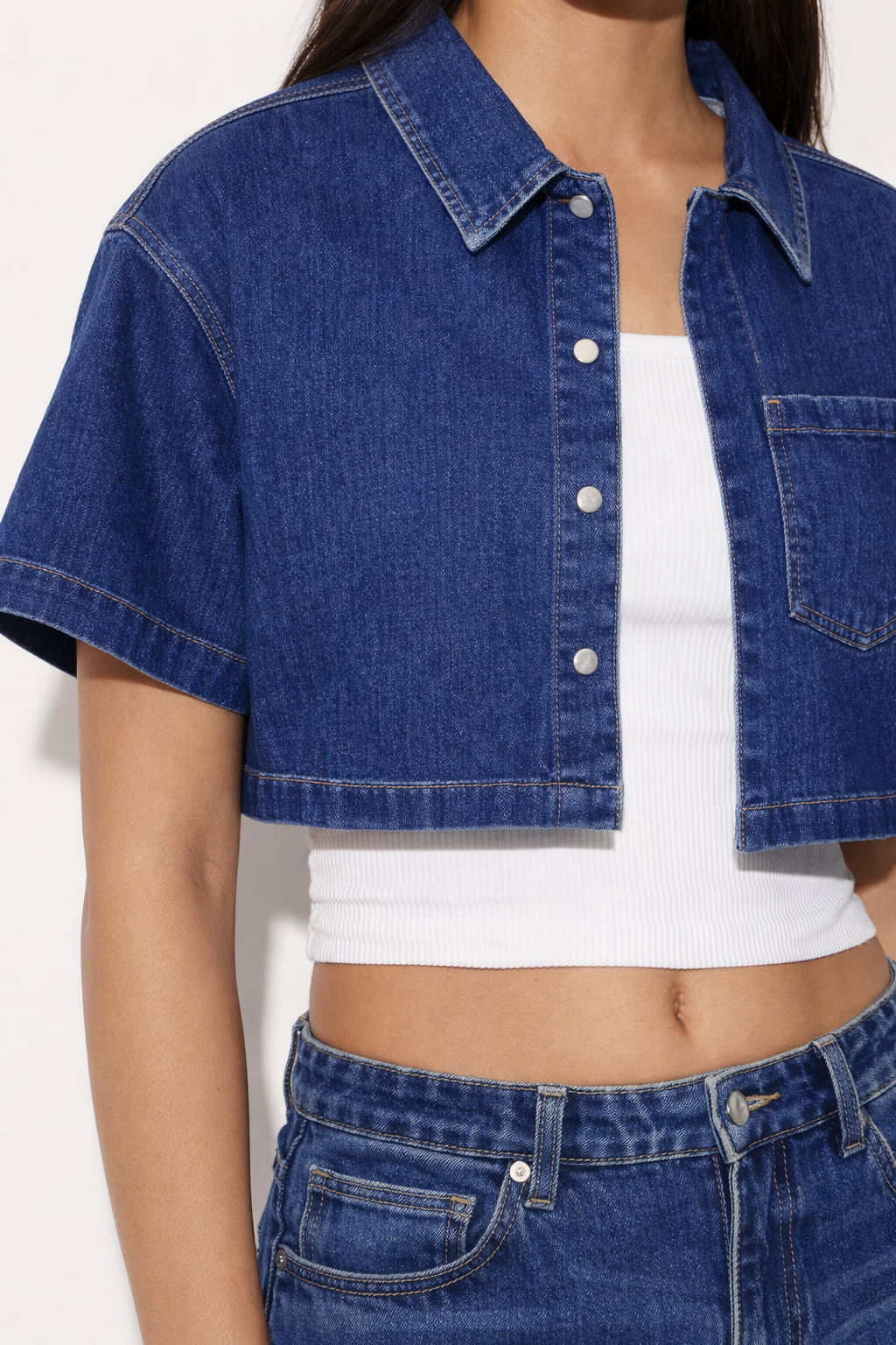 Raw wash denim shacket layered look — Clutch Denim