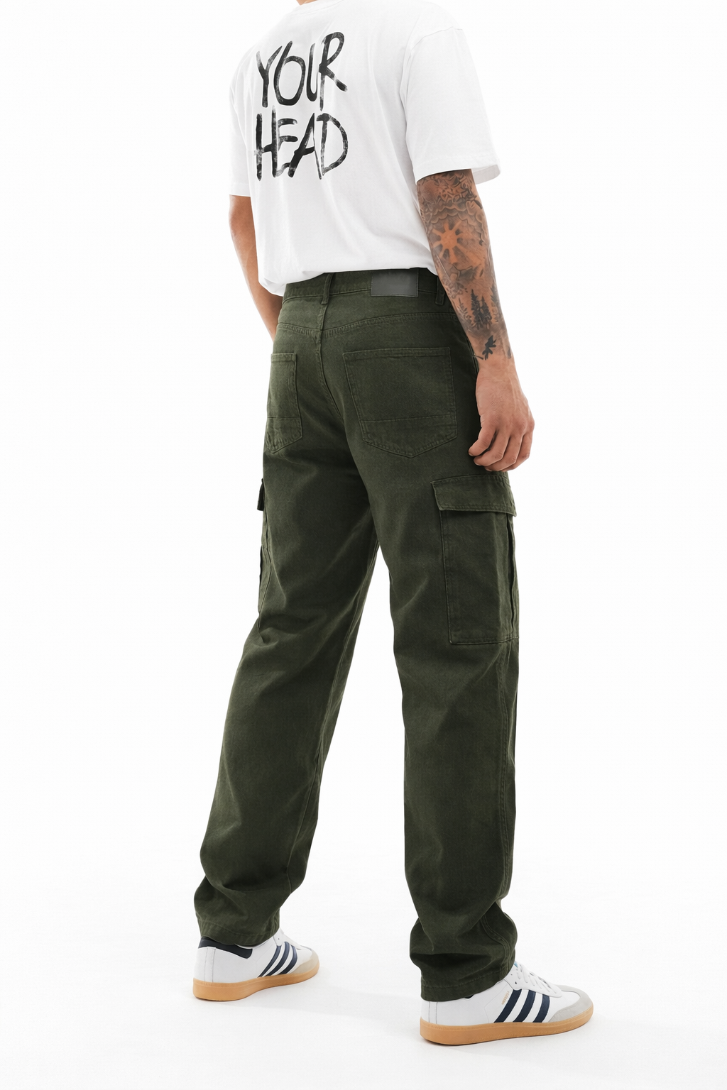 Men's olive denim cargo jeans detail — Clutch Denim