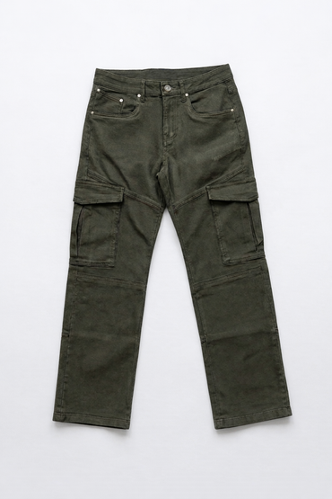 Olive cargo denim jeans front view — Clutch Denim
