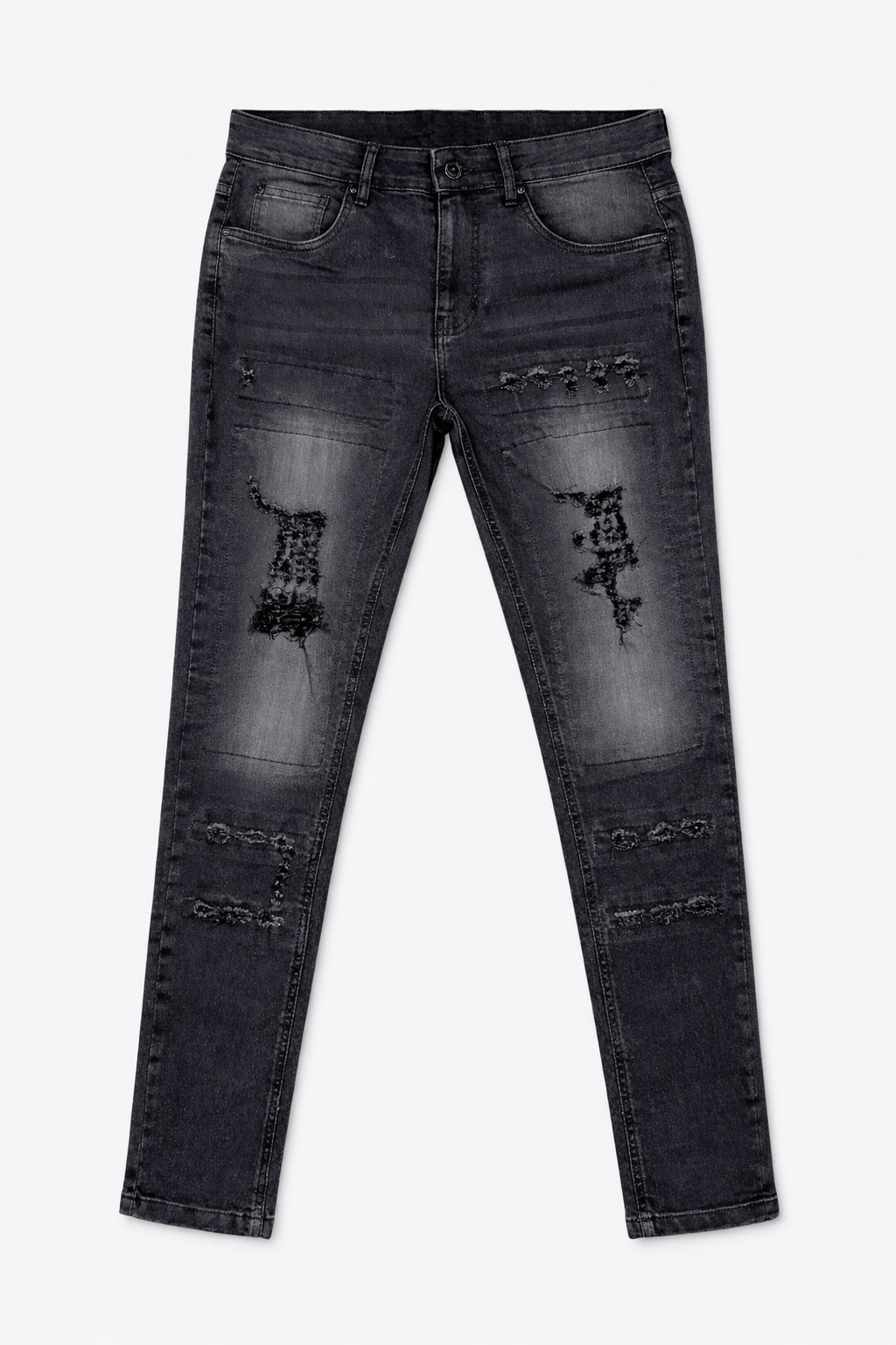 Distressed ripped black skinny jeans front view — Clutch Denim