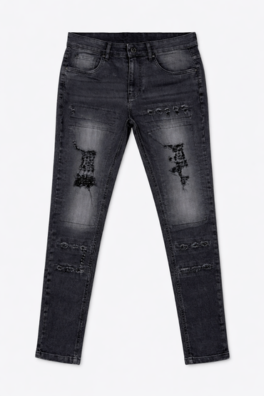 Distressed ripped black skinny jeans front view — Clutch Denim