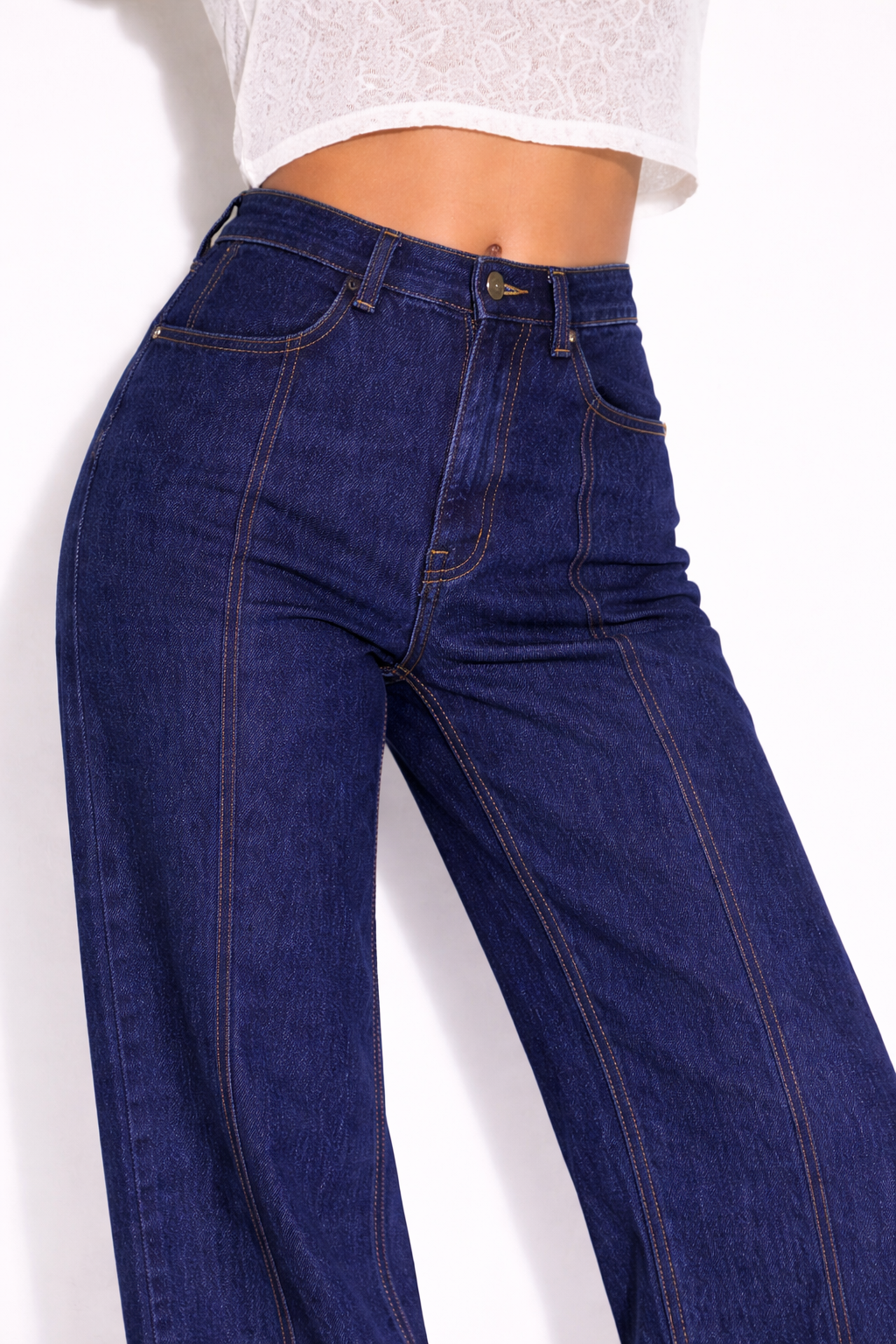 Turn-up hem detail on dark wash wide-leg jeans — Clutch Denim
