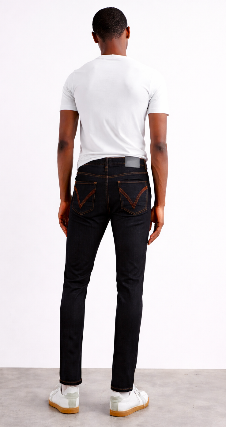 Men's black skinny jeans with red contra stitch embroidery — Clutch Denim SA