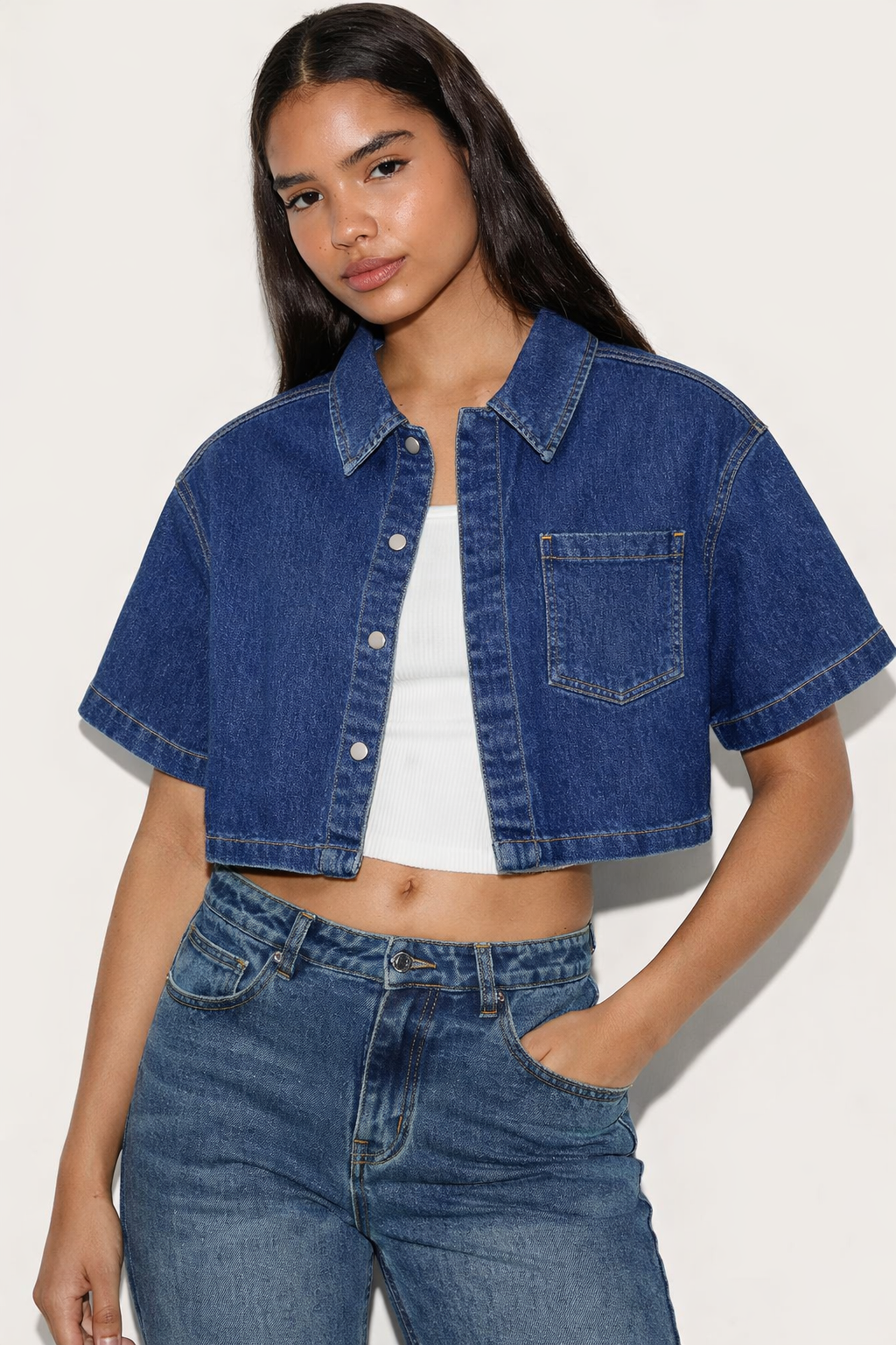 Women's cropped denim shacket in raw washed denim — Clutch Denim SA