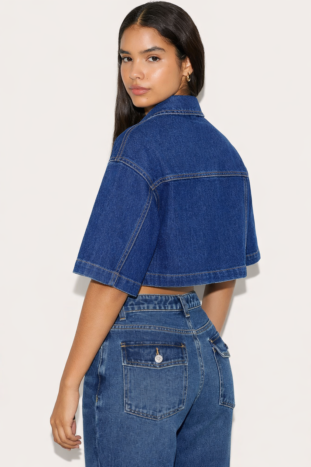 Raw denim shacket cropped detail — Clutch Denim