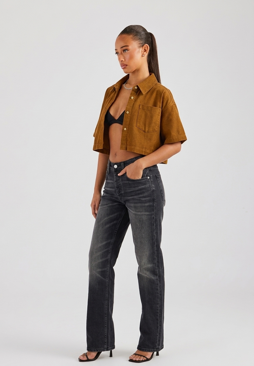 Mustard colour denim shacket detail — Clutch Denim