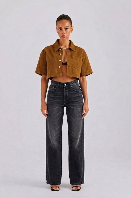 Women's cropped denim shacket in mustard — Clutch Denim SA