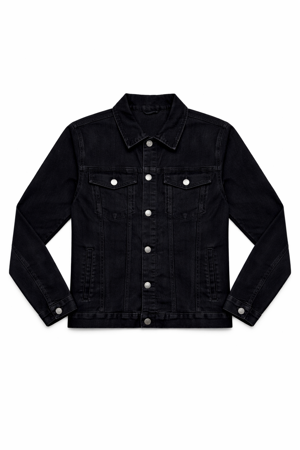 Black biker denim jacket flat lay — Clutch Denim