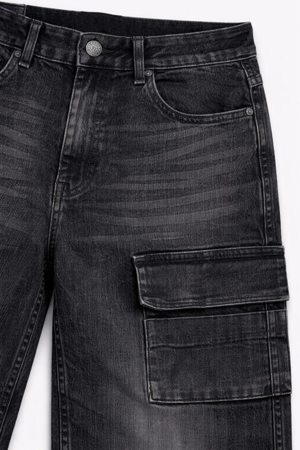 Black acid wash wide-leg jeans detail — Clutch Denim