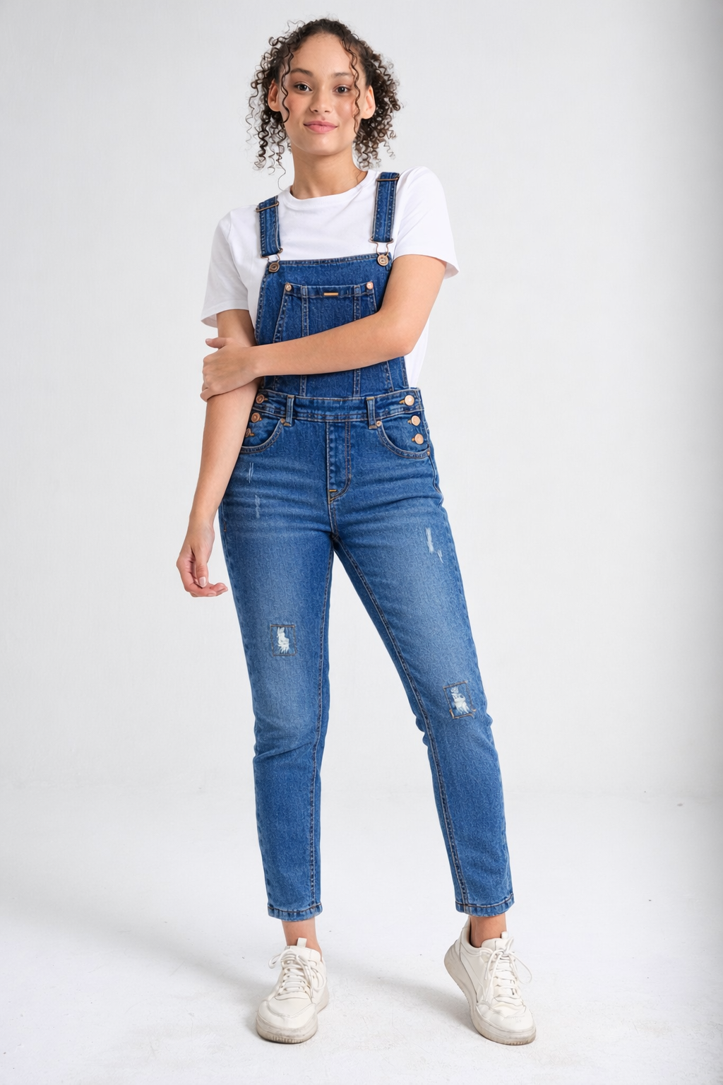 Women's utility dungaree in medium wash denim — Clutch Denim SA