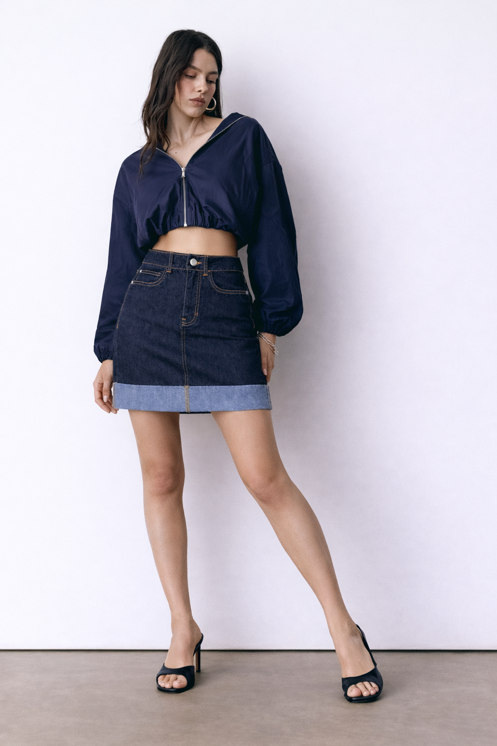 Women's denim midi skirt with turn-up hem in dark wash — Clutch Denim SA
