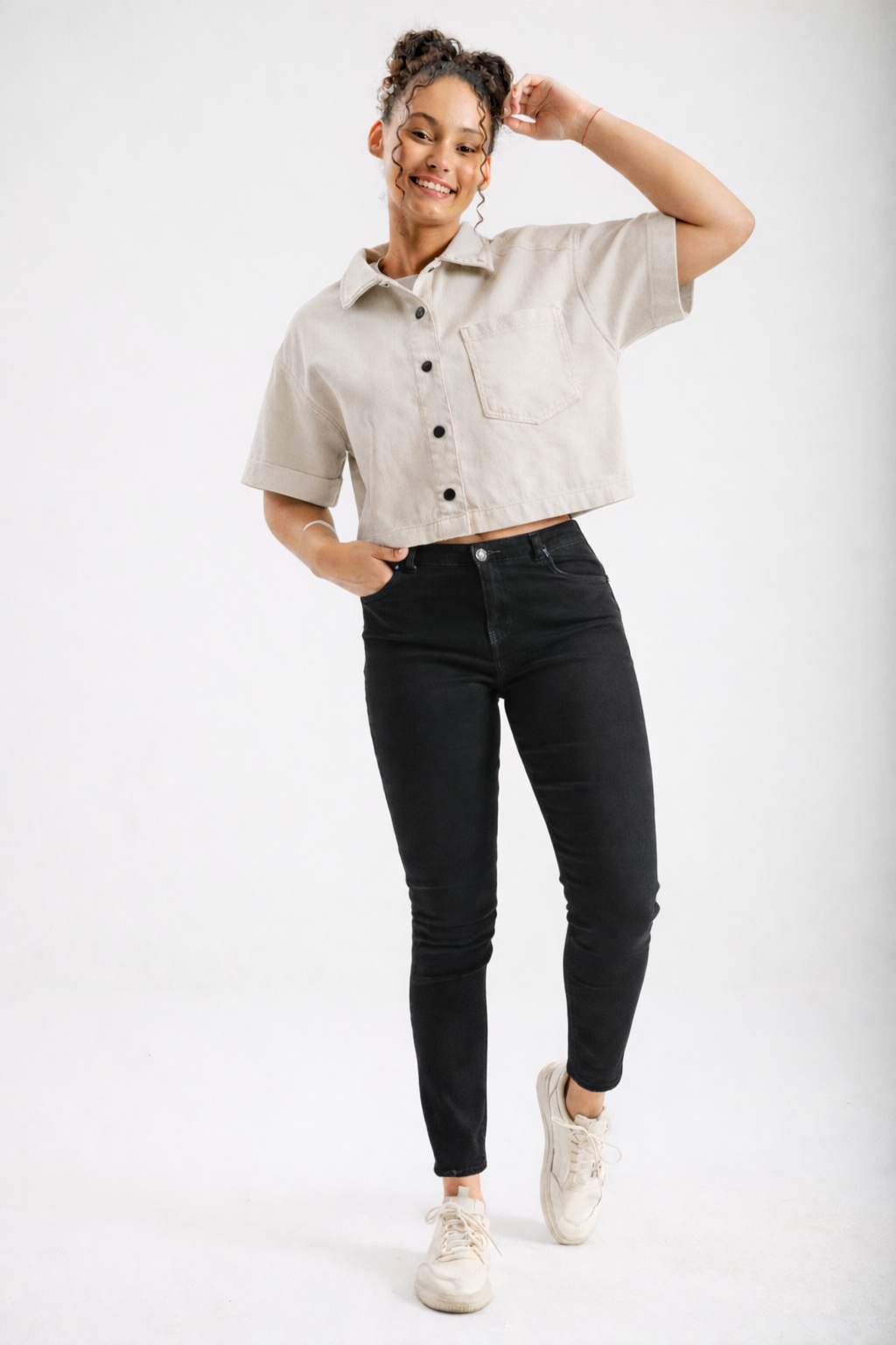 Women's cropped denim shacket in ecru washed denim — Clutch Denim SA