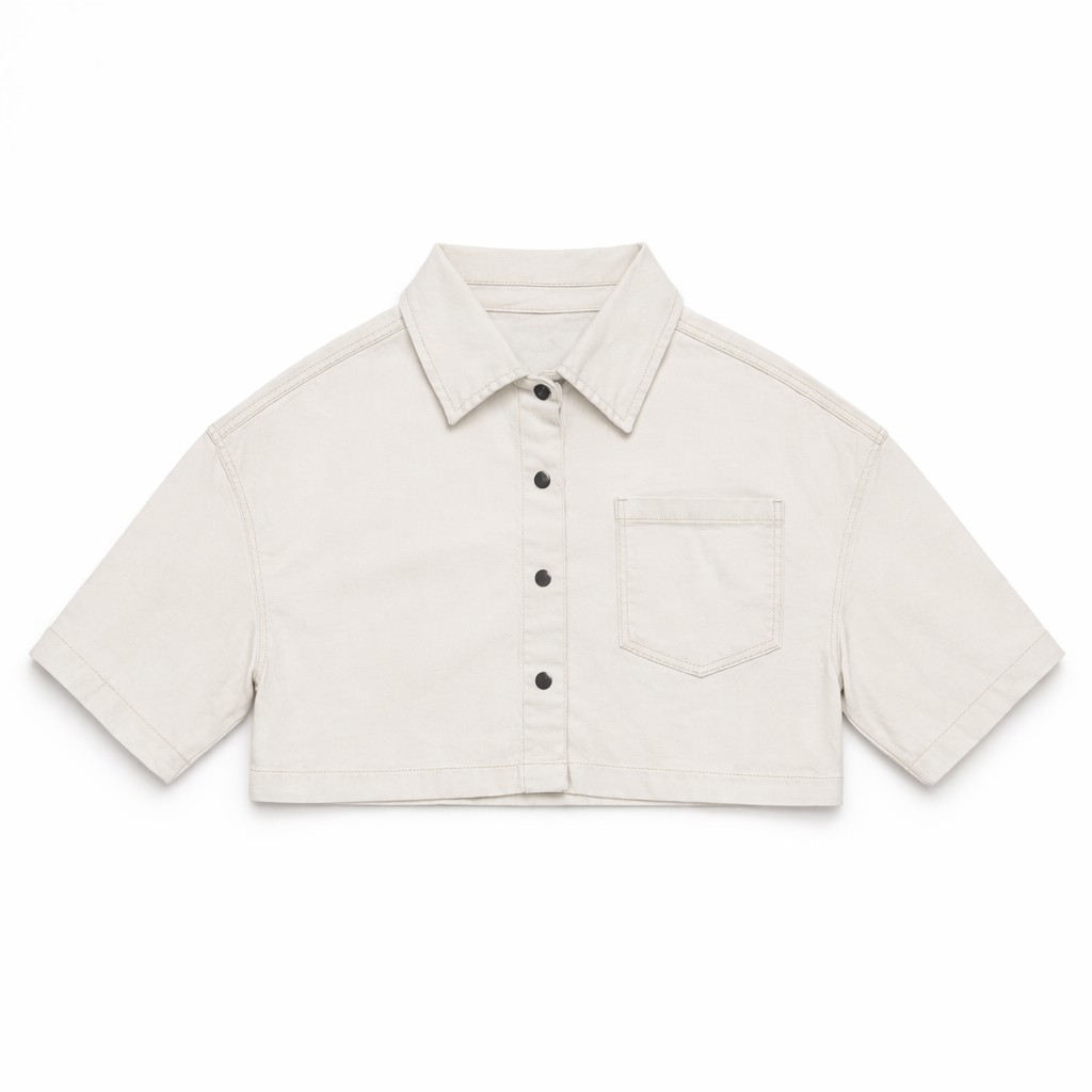 Ecru denim shacket front view — Clutch Denim
