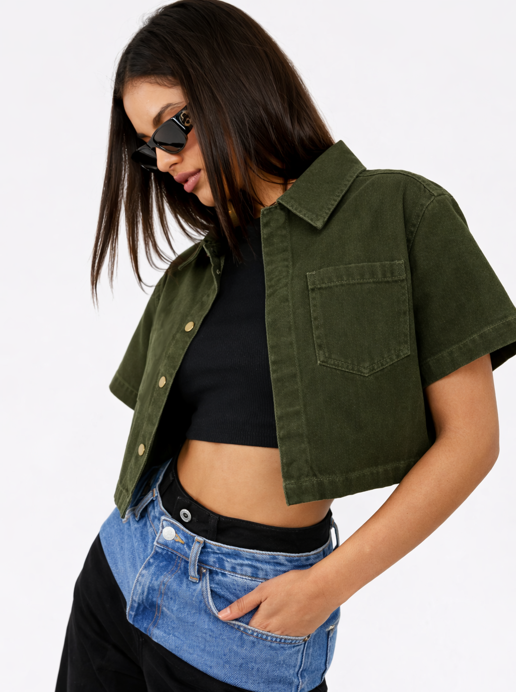 Olive washed denim shacket detail — Clutch Denim