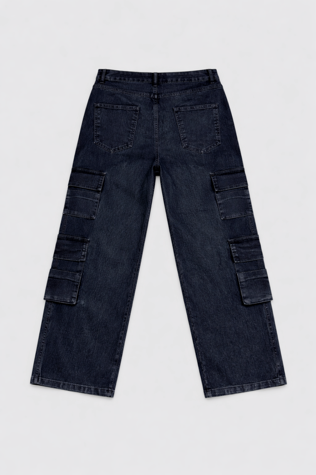 Wide-leg cargo jeans in black acid wash front view — Clutch Denim