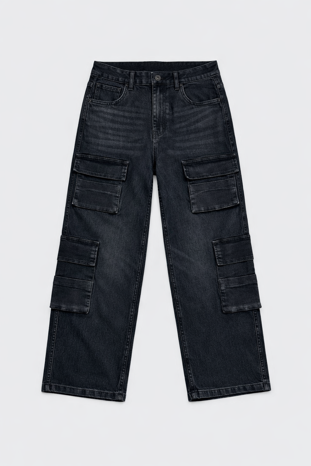 Black acid wash cargo pocket jeans flat lay — Clutch Denim