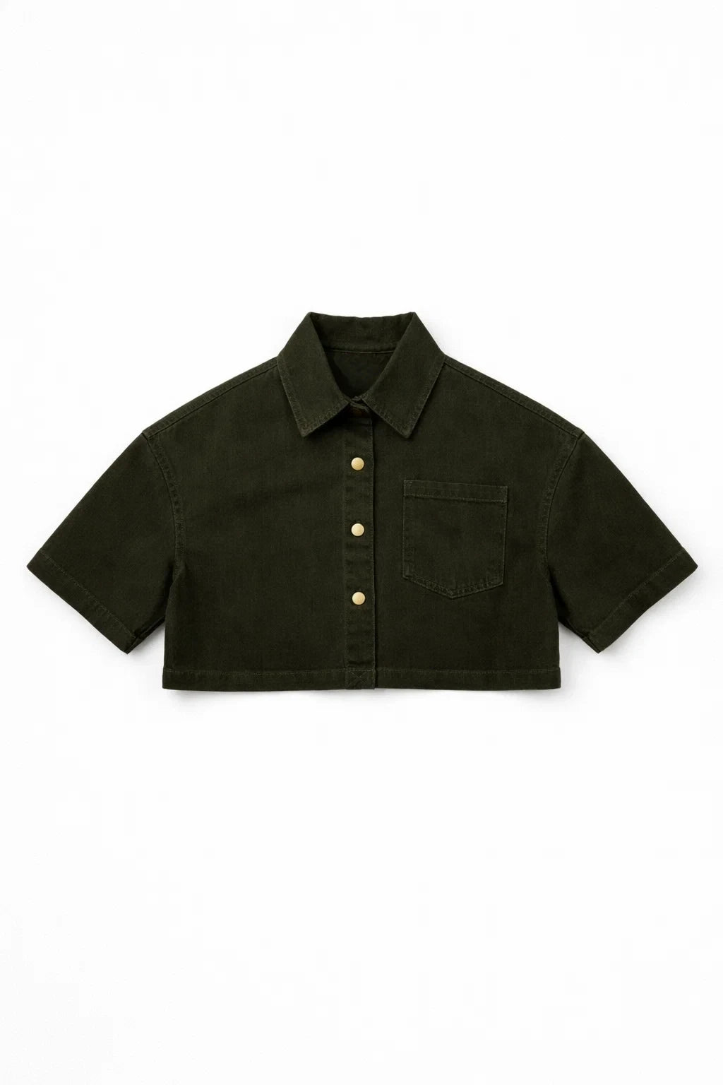 Olive denim shacket front view — Clutch Denim