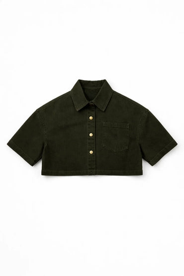 Olive denim shacket front view — Clutch Denim