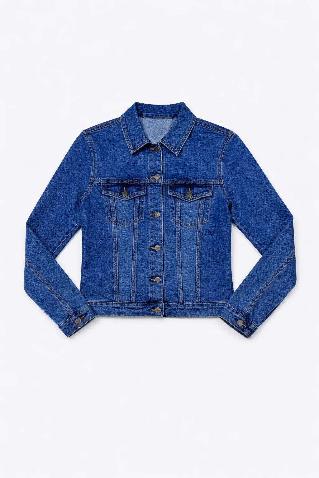 Mid-wash blue denim biker jacket front view — Clutch Denim