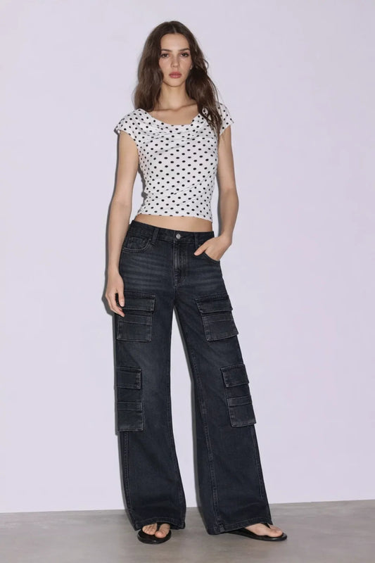 Women's wide-leg cargo jeans in black acid wash — Clutch Denim SA